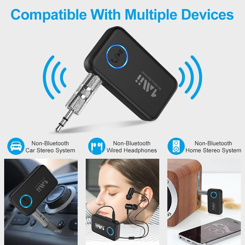 1Mii Bluetooth 5.3 Music Receiver for Car/Home Stereo, Aux Bluetooth Adapter for Car with Volume Control Supports Hands Free Calls, 16H Battery Life