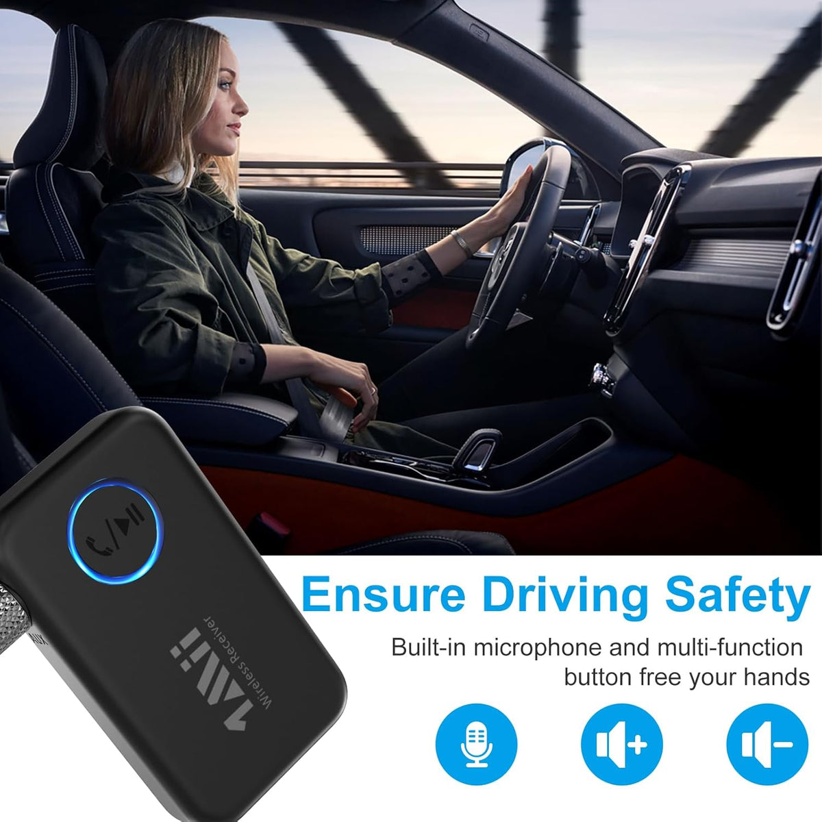 1Mii Bluetooth 5.3 Music Receiver for Car/Home Stereo, Aux Bluetooth Adapter for Car with Volume Control Supports Hands Free Calls, 16H Battery Life